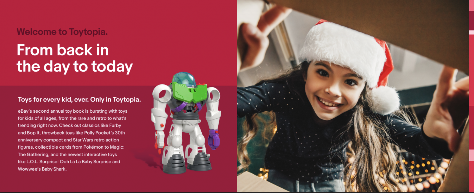 Photo with a girl wearing a holiday hat. Text: Welcome to Toyopia. 